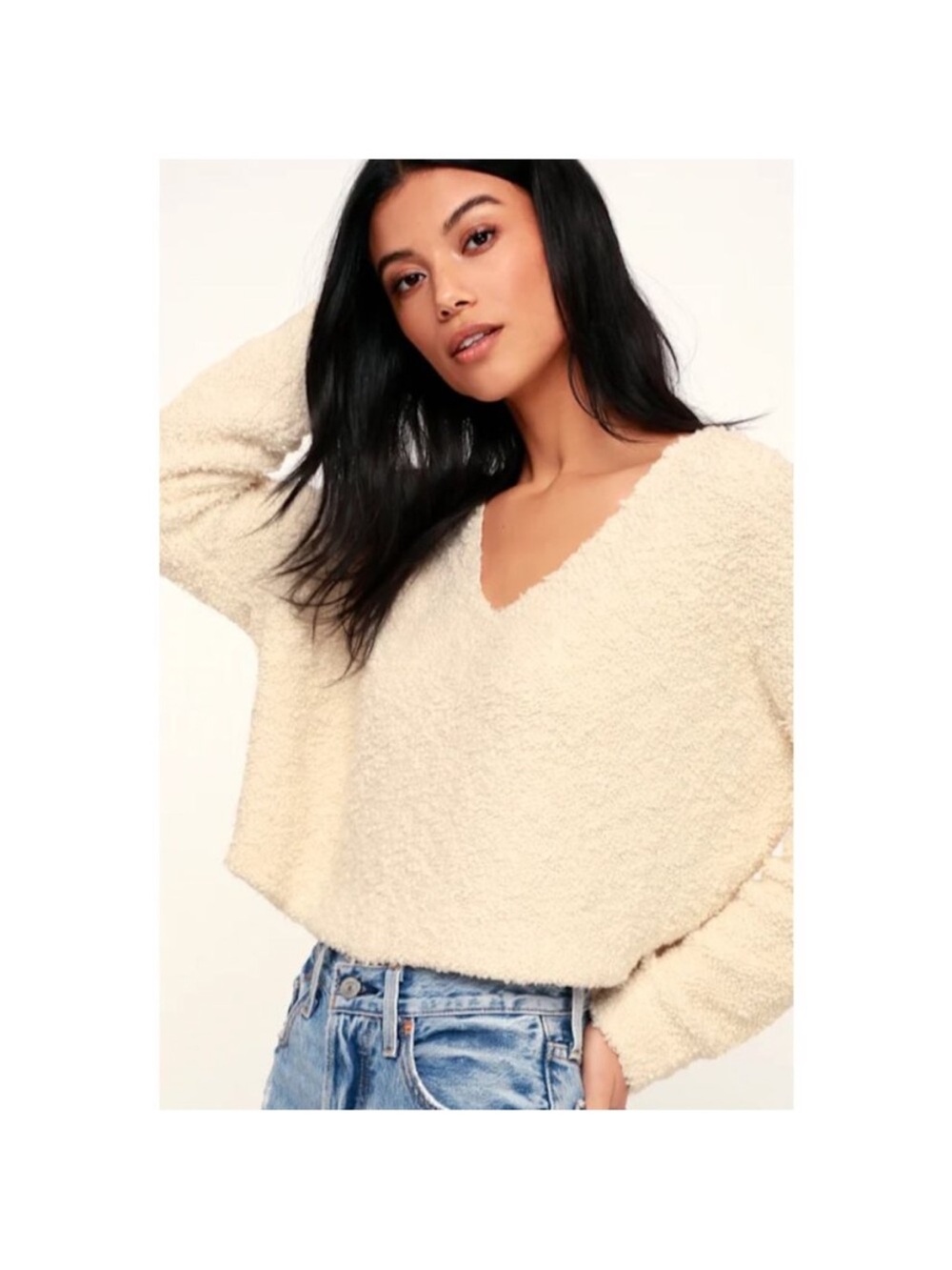 Free People Popcorn Pullover Sweater Cream Oversized Boucle Large